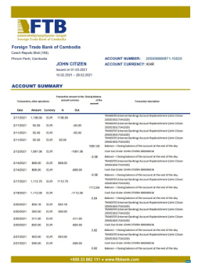 Download Cambodia Foreign Trade Bank of Cambodia bank statement excel Photoshop template